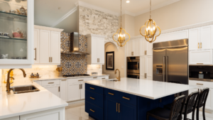 kitchen with white and blue shaker cabinets
