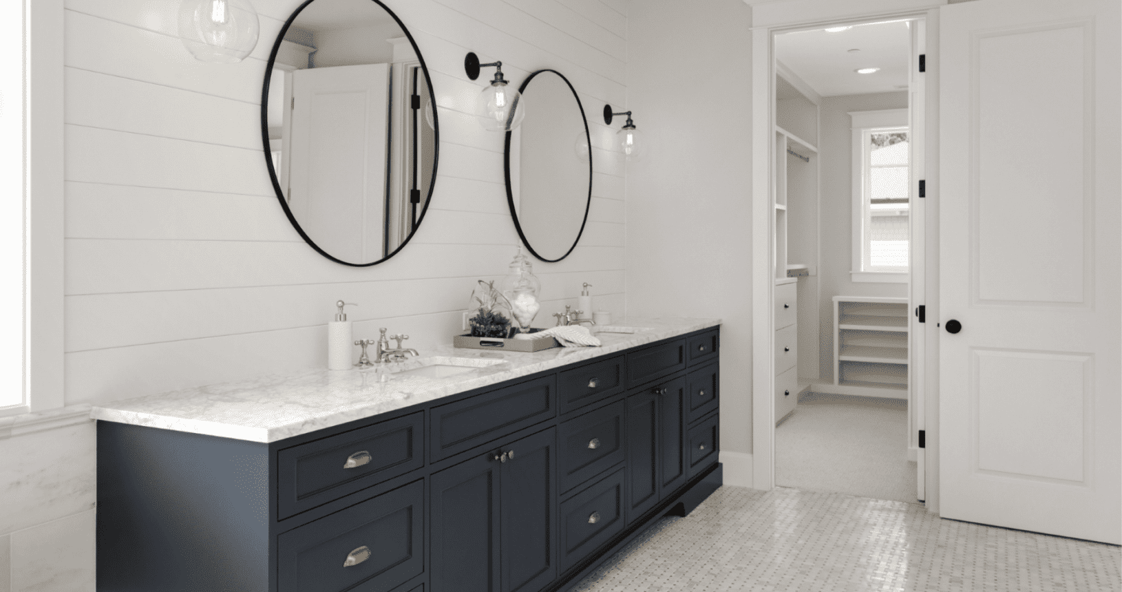 navy blue bathroom vanity with white countertop